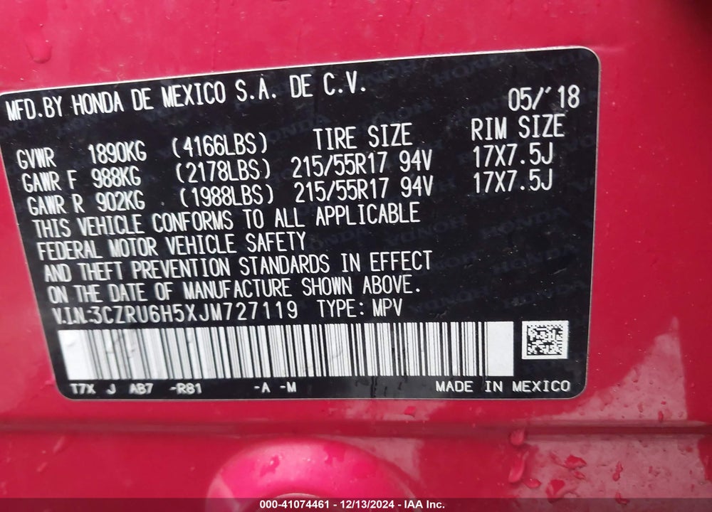 2018 HONDA HR-V EX VIN: 3CZRU6H5XJM727119