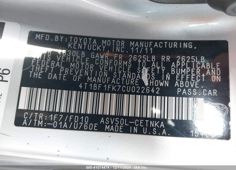 2012 TOYOTA CAMRY LE VIN: 4T1BF1FK7CU022642