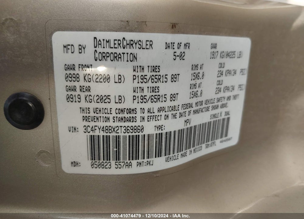 2002 CHRYSLER PT CRUISER VIN: 3C4FY48BX2T369860