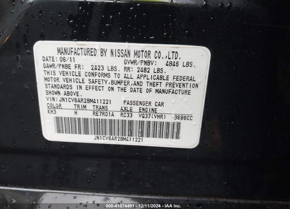 2011 INFINITI G37X VIN: JN1CV6AR2BM411221
