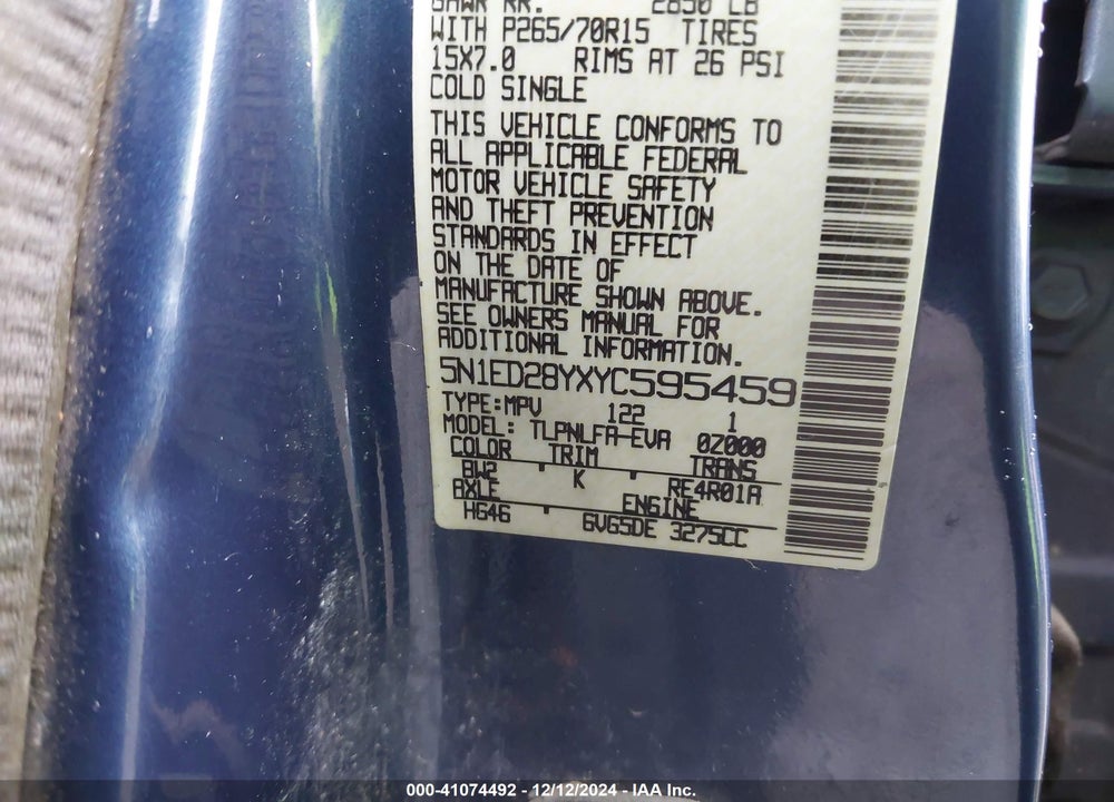 2000 NISSAN XTERRA SE/XE VIN: 5N1ED28YXYC595459