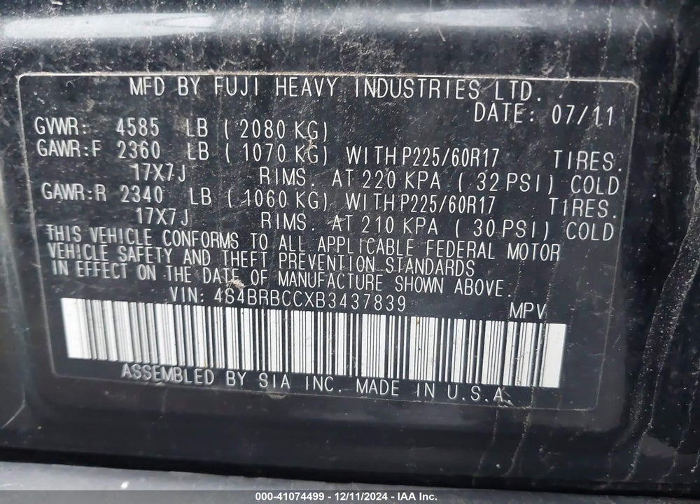 2011 SUBARU OUTBACK 2.5I PREMIUM VIN: 4S4BRBCCXB3437839