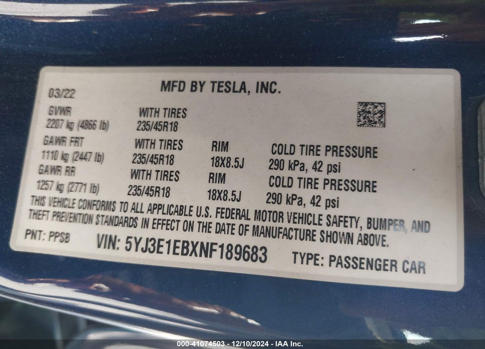 2022 TESLA MODEL 3 LONG RANGE DUAL MOTOR ALL-WHEEL DRIVE VIN: 5YJ3E1EBXNF189683