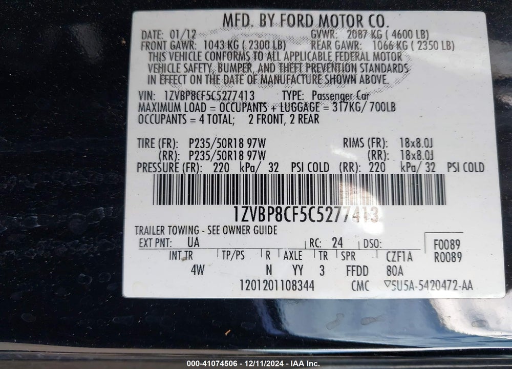 2012 FORD MUSTANG GT PREMIUM VIN: 1ZVBP8CF5C5277413