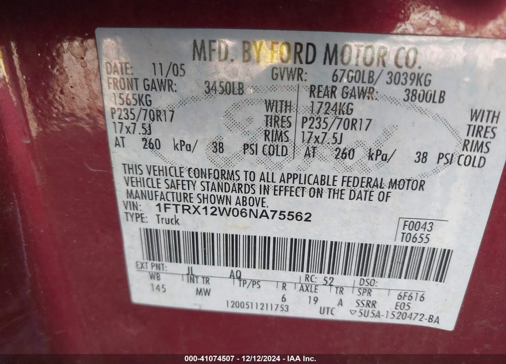 2006 FORD F-150 STX/XL/XLT VIN: 1FTRX12W06NA75562