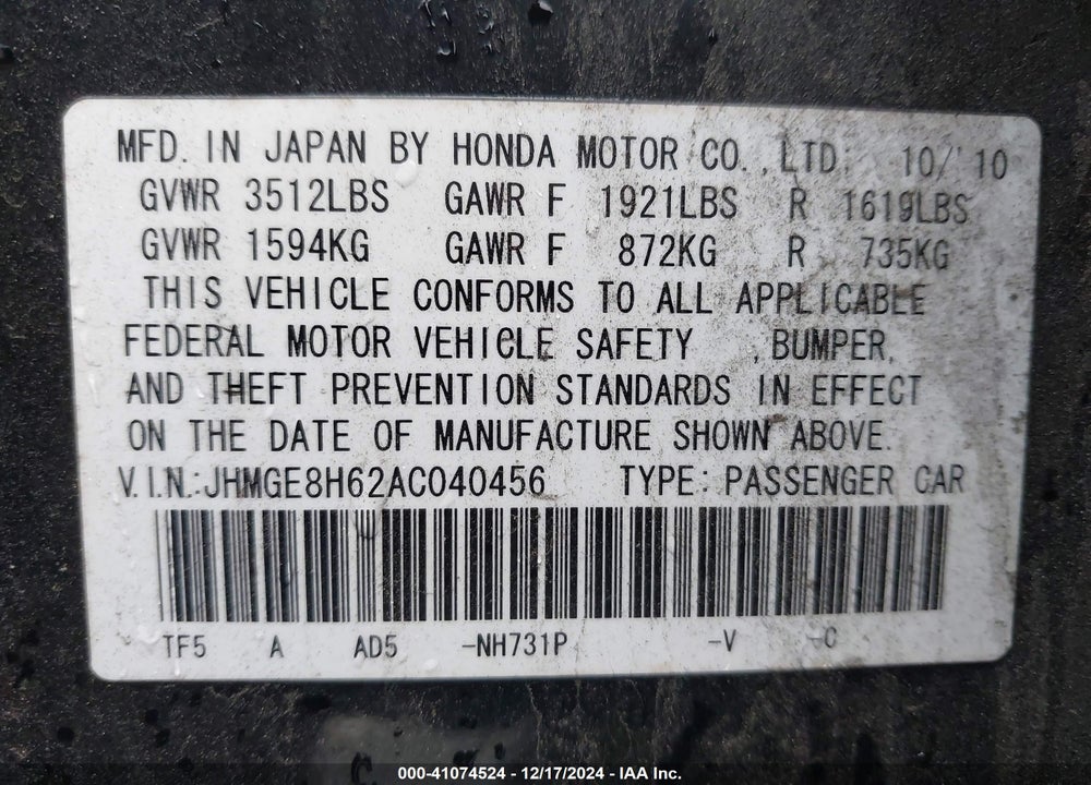2010 HONDA FIT VIN: JHMGE8H62AC040456