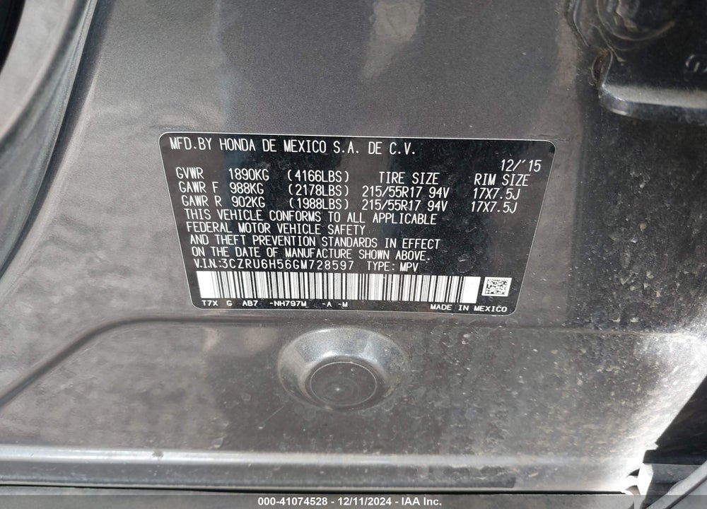 2016 HONDA HR-V EX VIN: 3CZRU6H56GM728597