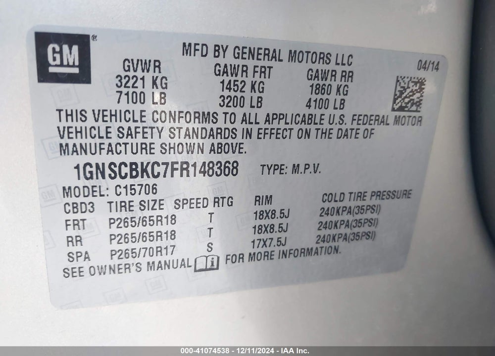 2015 CHEVROLET TAHOE LT VIN: 1GNSCBKC7FR148368