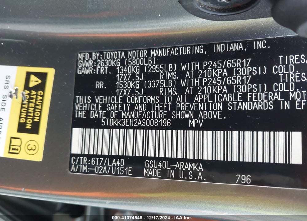 2010 TOYOTA HIGHLANDER SE V6 VIN: 5TDKK3EH2AS008196