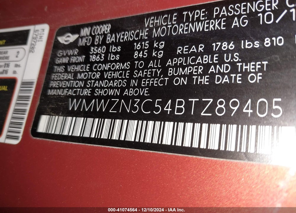 2011 MINI COOPER VIN: WMWZN3C54BTZ89405