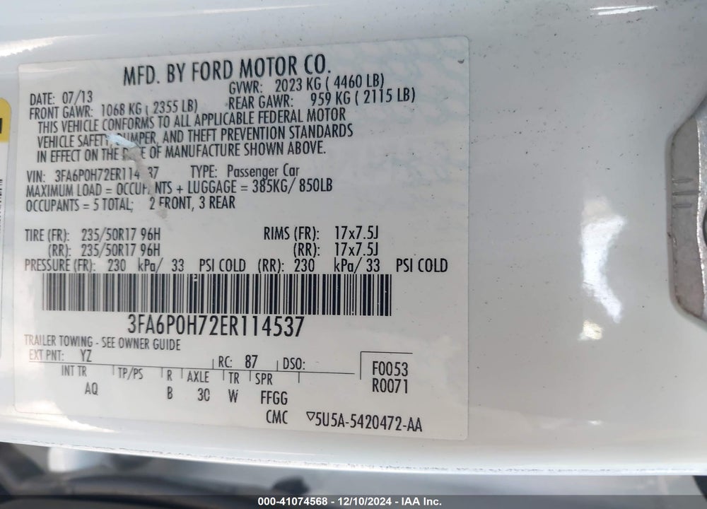 2014 FORD FUSION SE VIN: 3FA6P0H72ER114537