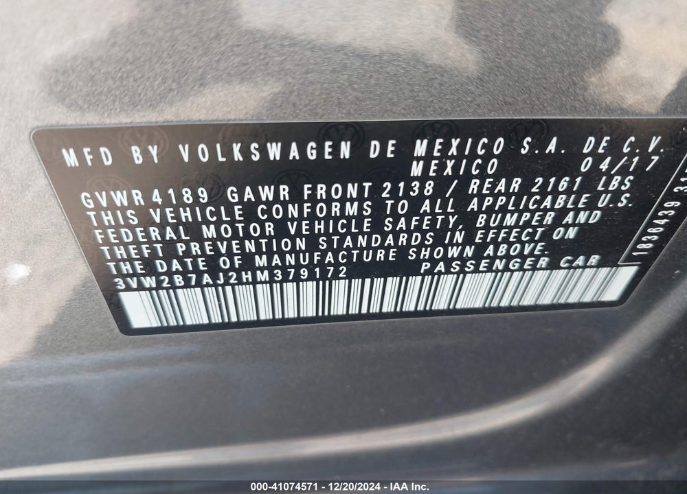 2017 VOLKSWAGEN JETTA 1.4T S VIN: 3VW2B7AJ2HM379172