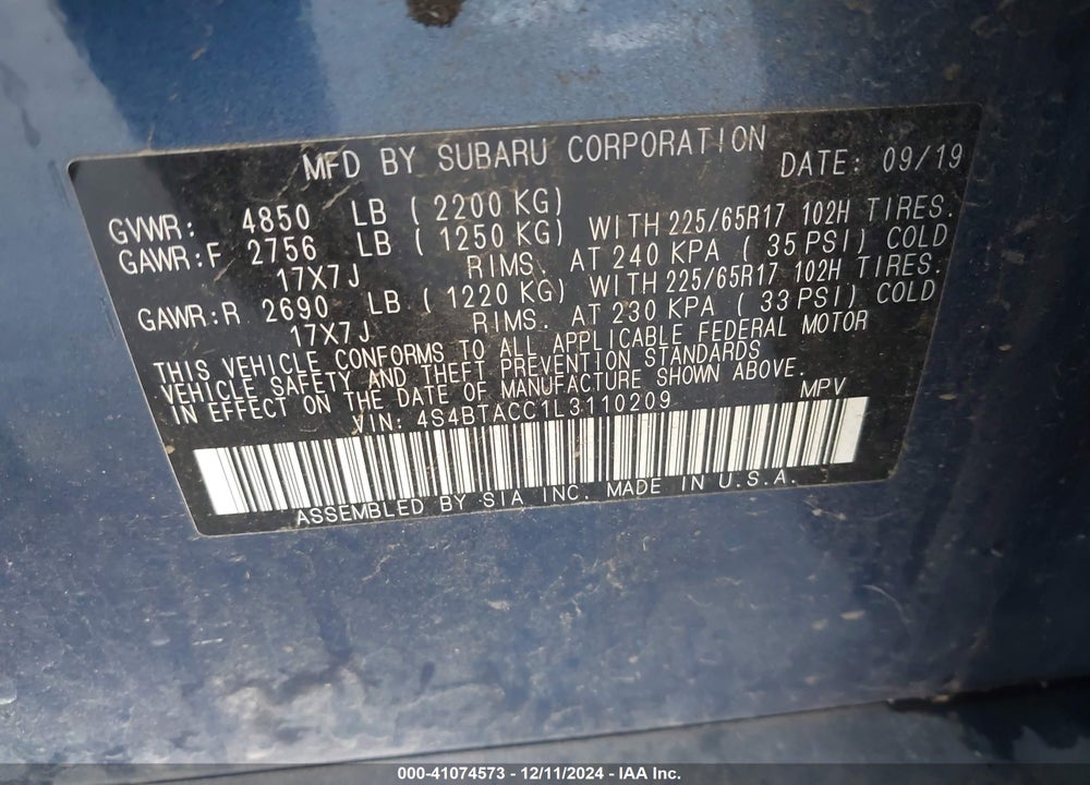 2020 SUBARU OUTBACK PREMIUM VIN: 4S4BTACC1L3110209