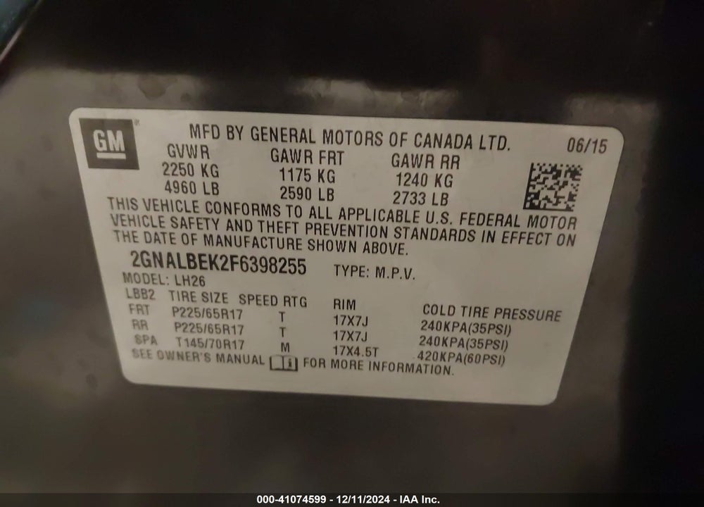 2015 CHEVROLET EQUINOX 1LT VIN: 2GNALBEK2F6398255