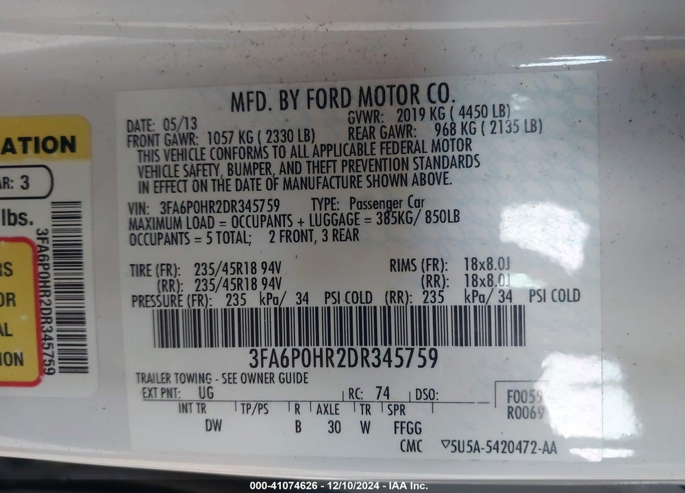 2013 FORD FUSION VIN: 3FA6P0HR2DR345759