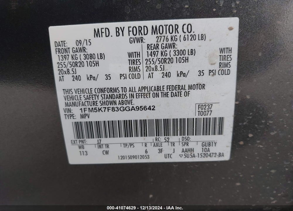 2016 FORD EXPLORER LIMITED VIN: 1FM5K7F83GGA95642