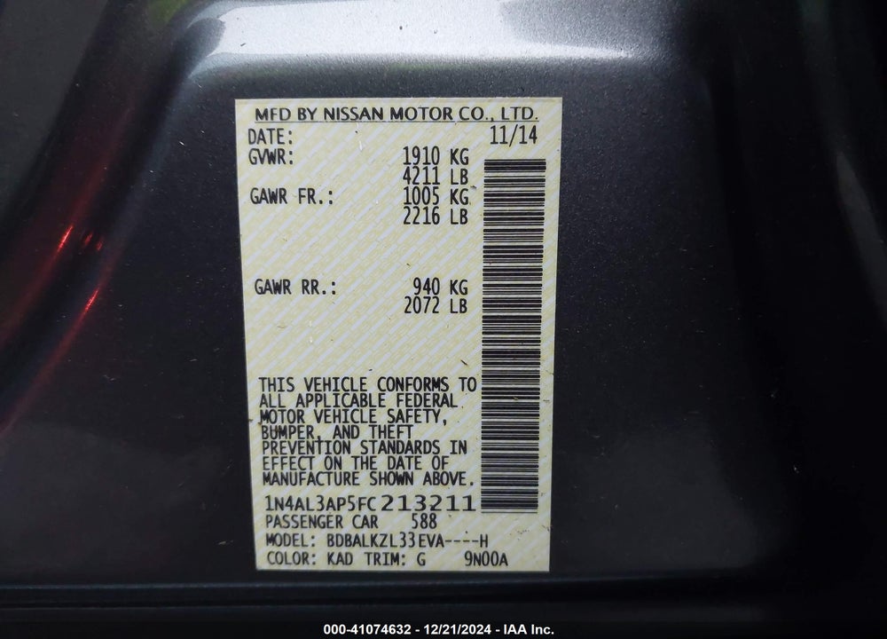 2015 NISSAN ALTIMA 2.5 SV VIN: 1N4AL3AP5FC213211