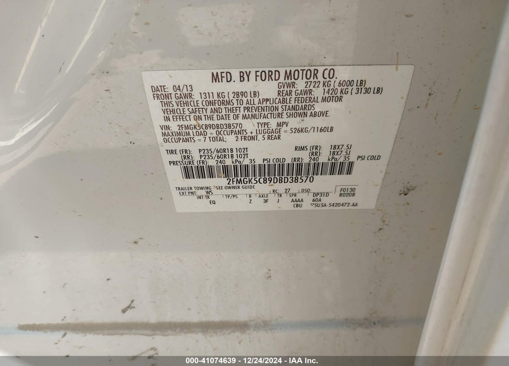 2013 FORD FLEX SEL VIN: 2FMGK5C89DBD38570