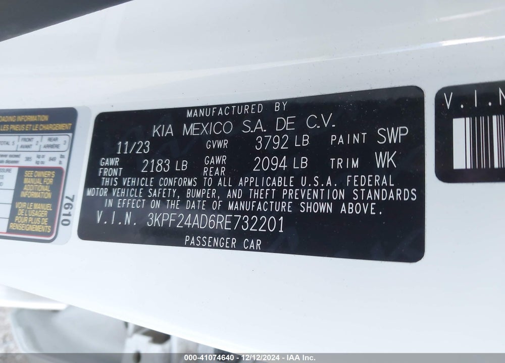 2024 KIA FORTE LXS VIN: 3KPF24AD6RE732201