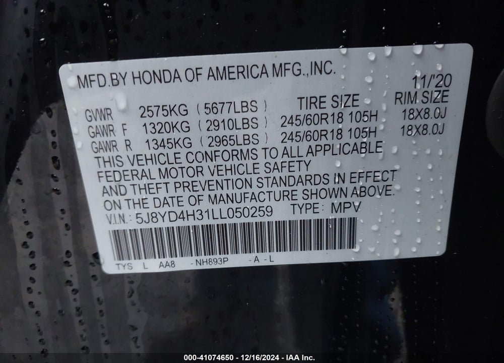 2020 ACURA MDX STANDARD VIN: 5J8YD4H31LL050259