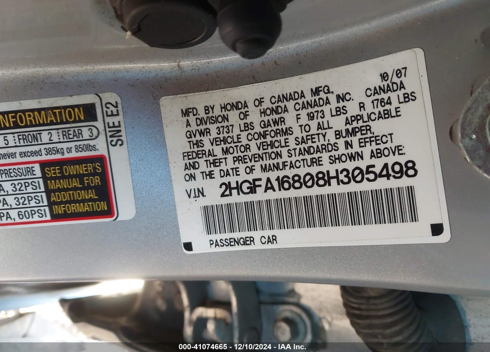 2008 HONDA CIVIC EX VIN: 2HGFA16808H305498