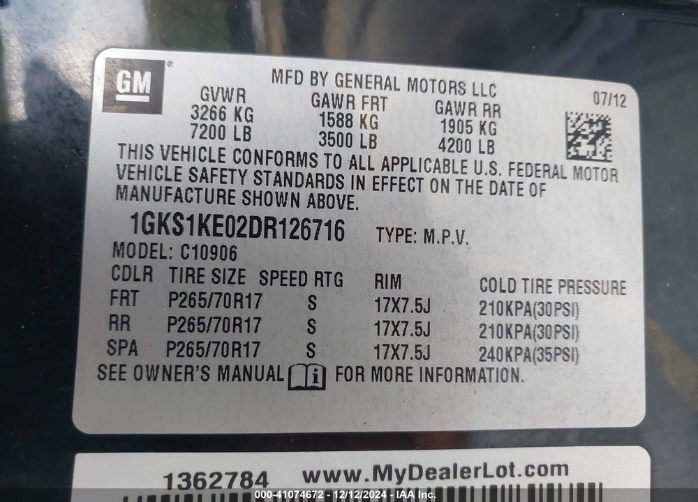 2013 GMC YUKON XL 1500 SLT VIN: 1GKS1KE02DR126716