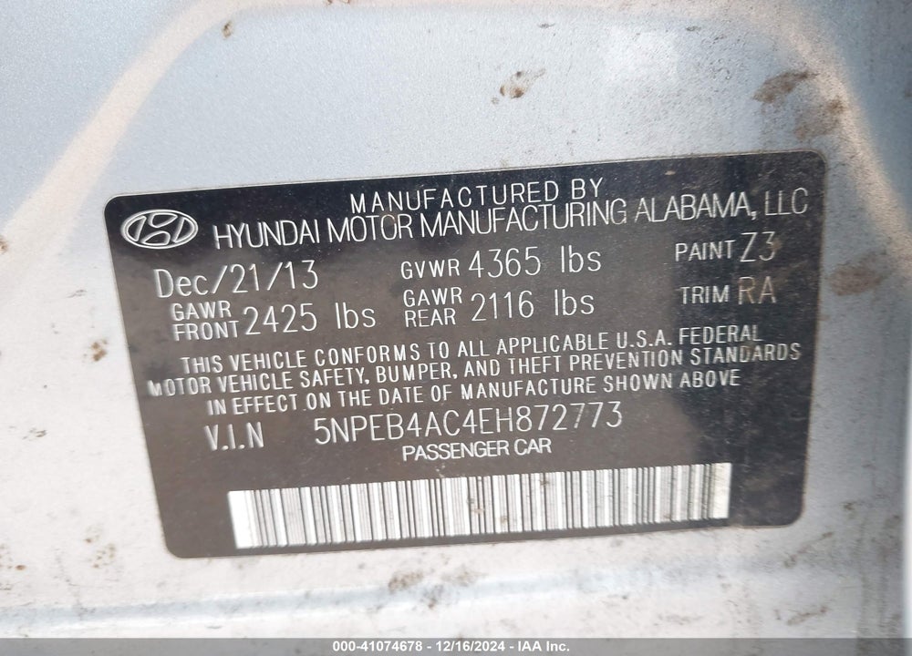 2014 HYUNDAI SONATA VIN: 5NPEB4AC4EH872773