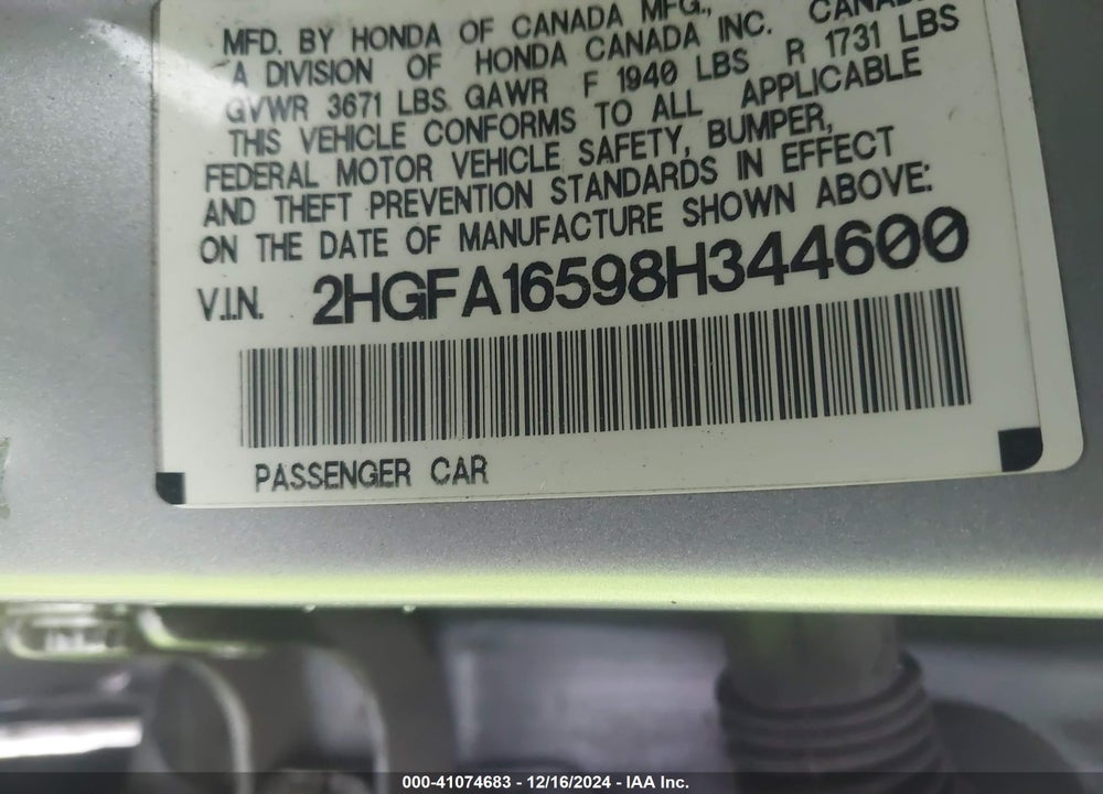 2008 HONDA CIVIC LX VIN: 2HGFA16598H344600