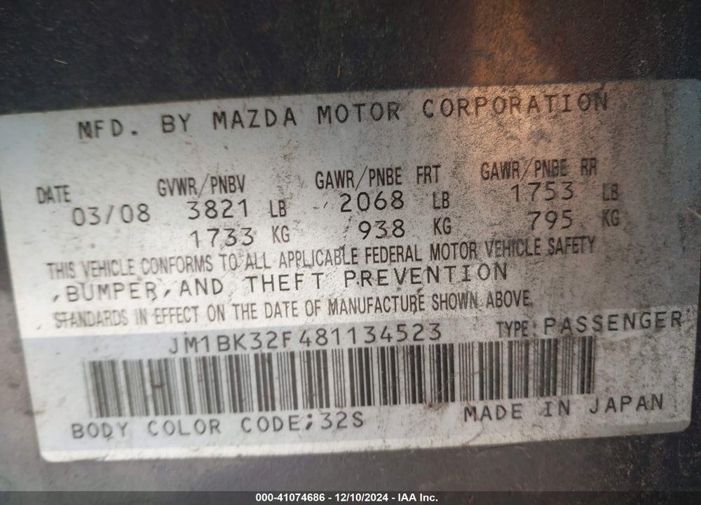 2008 MAZDA 3 I TOURING VALUE VIN: JM1BK32F481134523