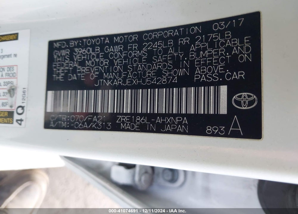 2017 TOYOTA COROLLA IM VIN: JTNKARJEXHJ542874