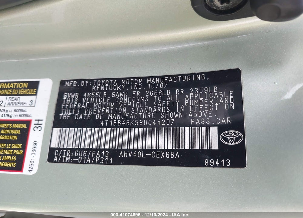 2008 TOYOTA CAMRY HYBRID VIN: 4T1BB46K58U044207