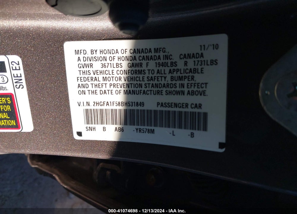 2011 HONDA CIVIC LX VIN: 2HGFA1F58BH531849