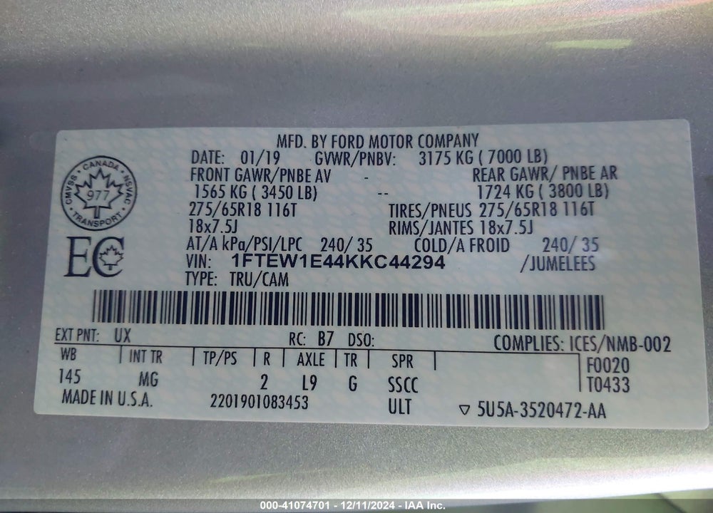 2019 FORD F-150 XLT VIN: 1FTEW1E44KKC44294