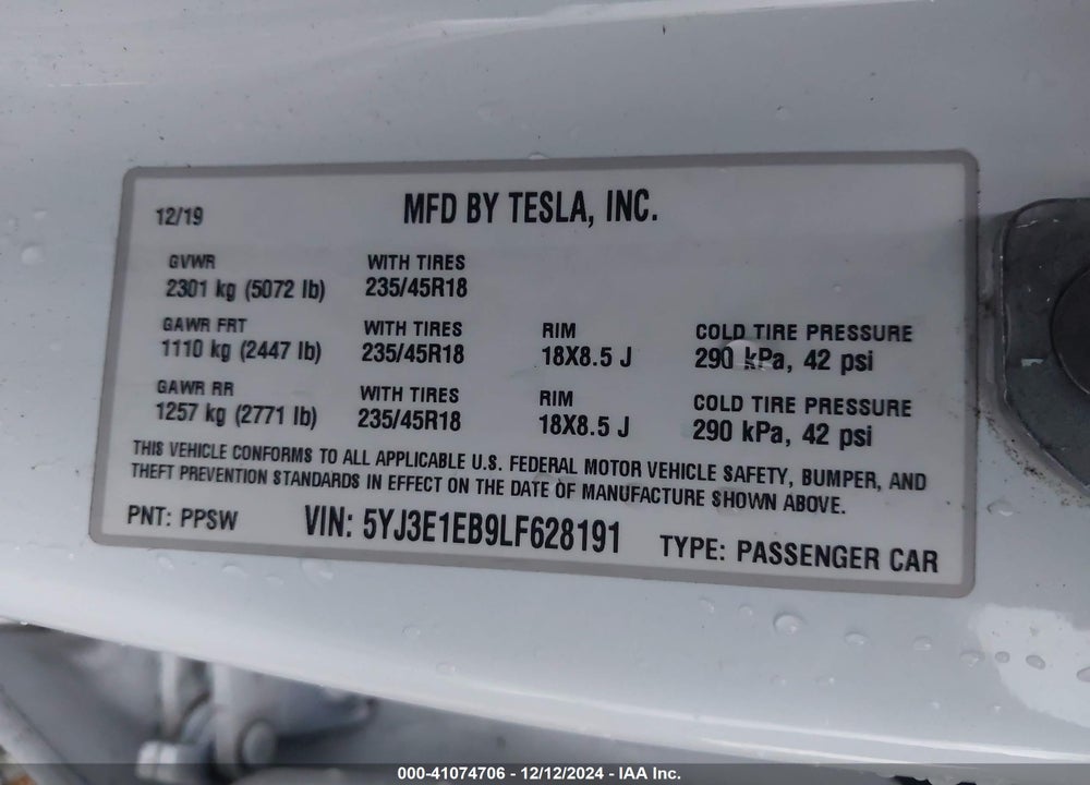 2020 TESLA MODEL 3 LONG RANGE DUAL MOTOR ALL-WHEEL DRIVE VIN: 5YJ3E1EB9LF628191