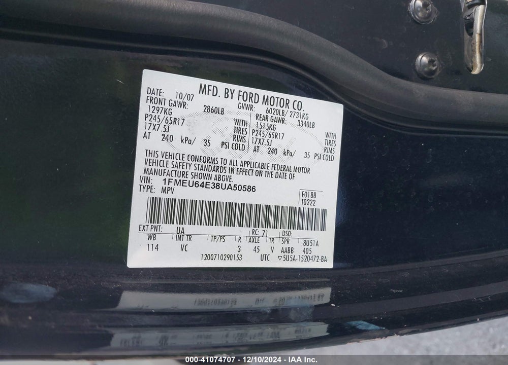 2008 FORD EXPLORER EDDIE BAUER VIN: 1FMEU64E38UA50586