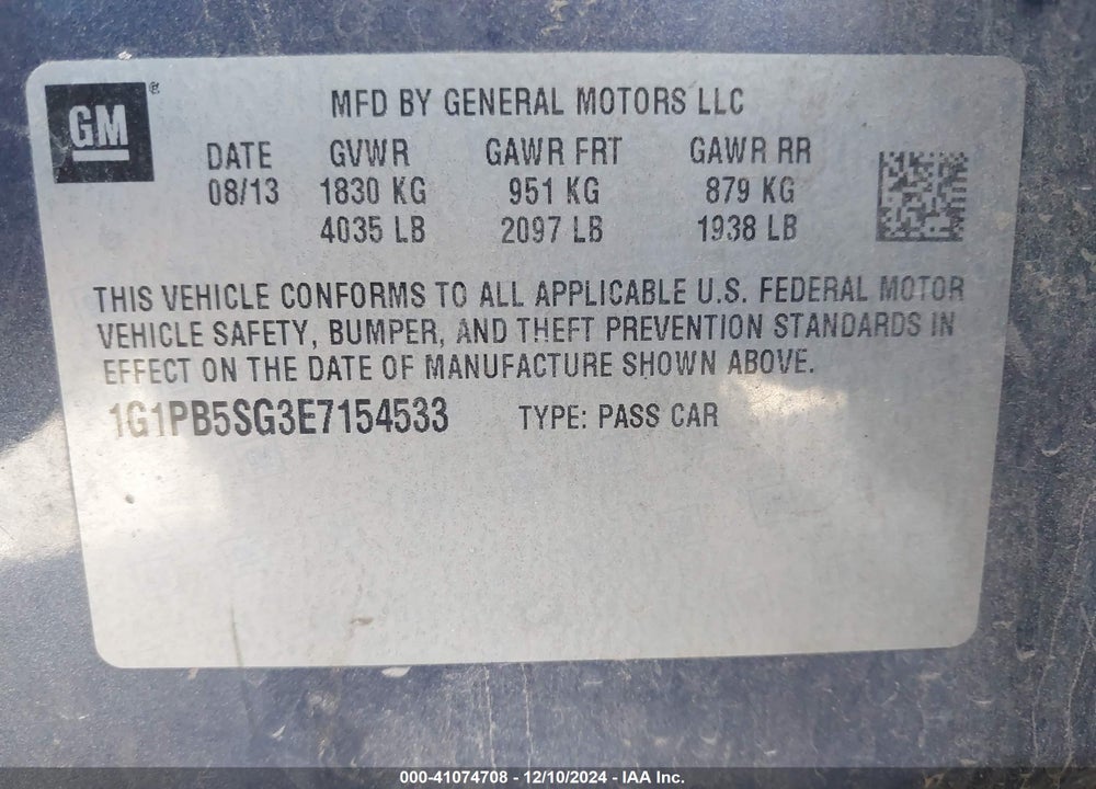 2014 CHEVROLET CRUZE LS MANUAL VIN: 1G1PB5SG3E7154533