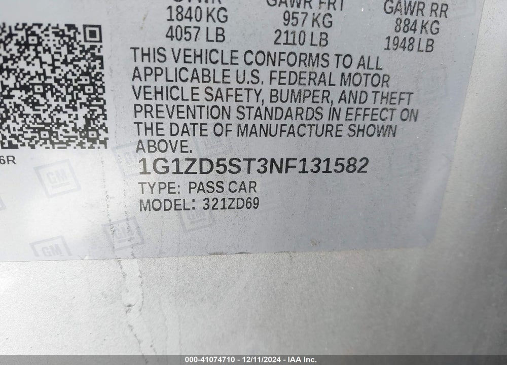 2022 CHEVROLET MALIBU FWD LT VIN: 1G1ZD5ST3NF131582