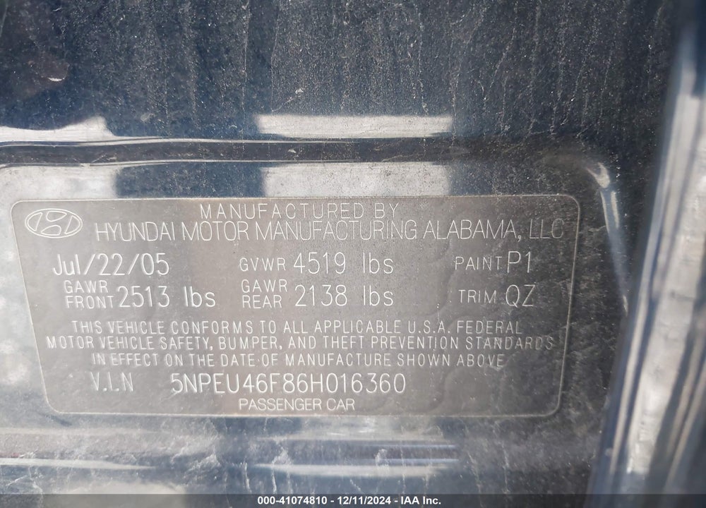 2006 HYUNDAI SONATA GLS V6/LX V6 VIN: 5NPEU46F86H016360
