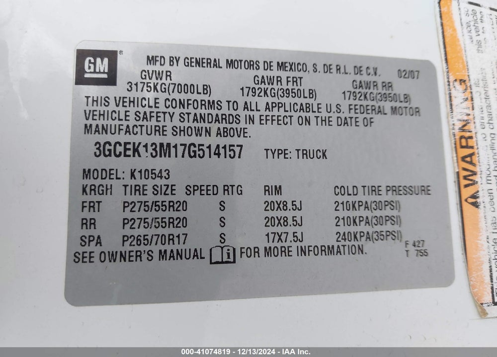 2007 CHEVROLET SILVERADO VIN: 3GCEK13M17G514157