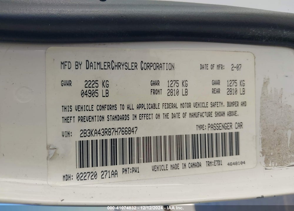 2007 DODGE CHARGER VIN: 2B3KA43R87H766847