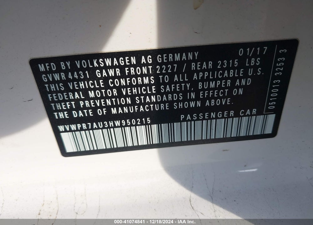 2017 VOLKSWAGEN E-GOLF VIN: WVWPR7AU3HW950215