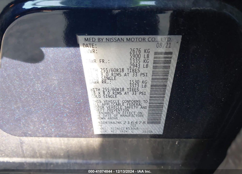 2022 NISSAN PATHFINDER SV 2WD VIN: 5N1DR3BA2NC216478