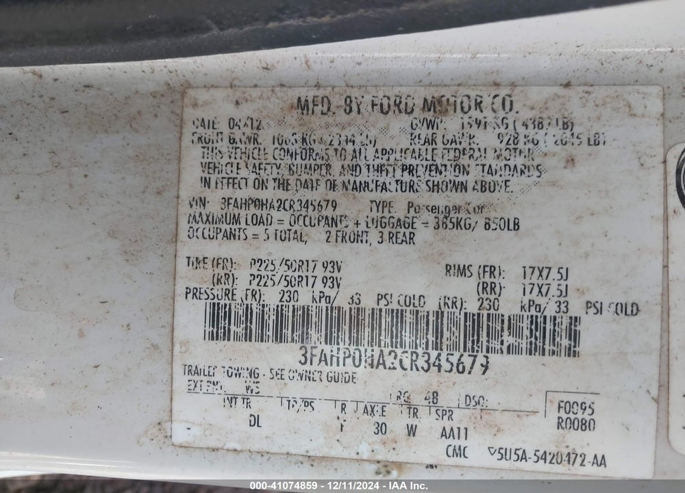 2012 FORD FUSION SE VIN: 3FAHP0HA2CR345679