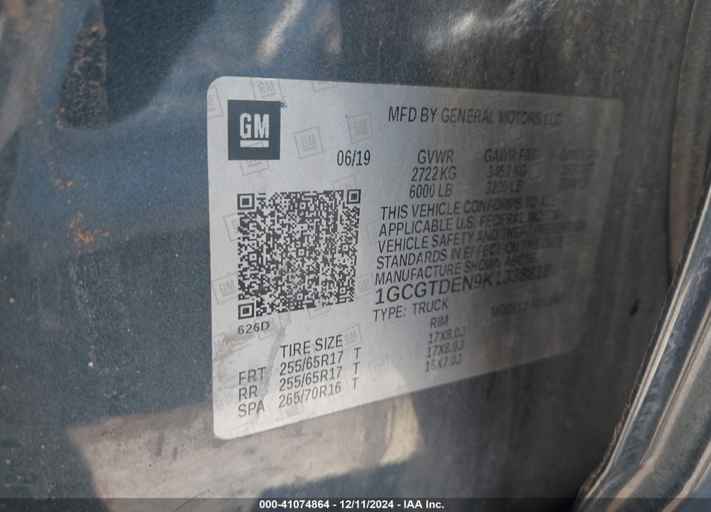 2019 CHEVROLET COLORADO Z71 VIN: 1GCGTDEN9K1338818