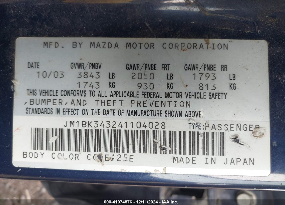 2004 MAZDA 3 S VIN: JM1BK343241104028