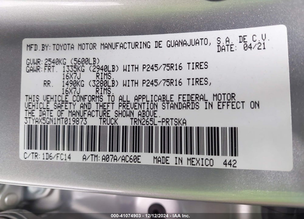 2021 TOYOTA TACOMA VIN: 3TYAX5GN1MT019873