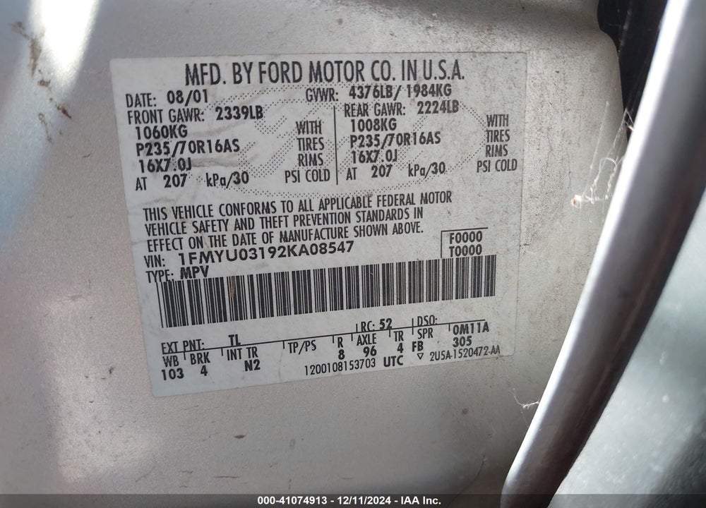 2002 FORD ESCAPE XLT VIN: 1FMYU03192KA08547