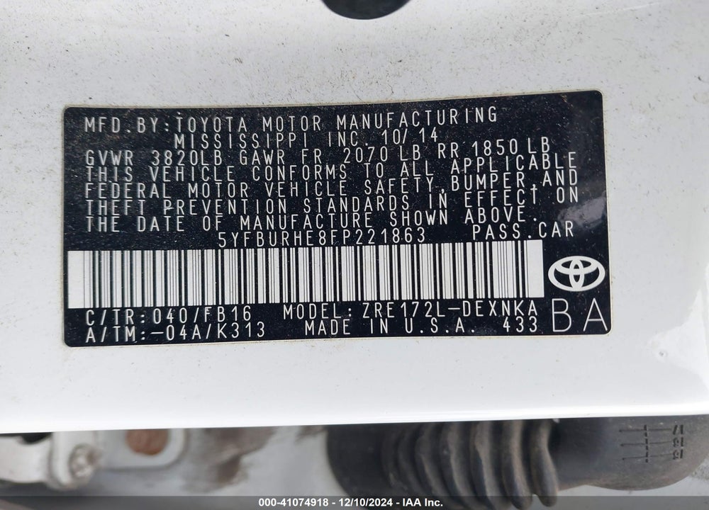 2015 TOYOTA COROLLA LE VIN: 5YFBURHE8FP221863