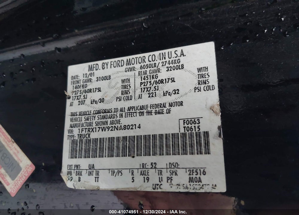 2002 FORD F-150 LARIAT/XL/XLT VIN: 1FTRX17W92NA80214