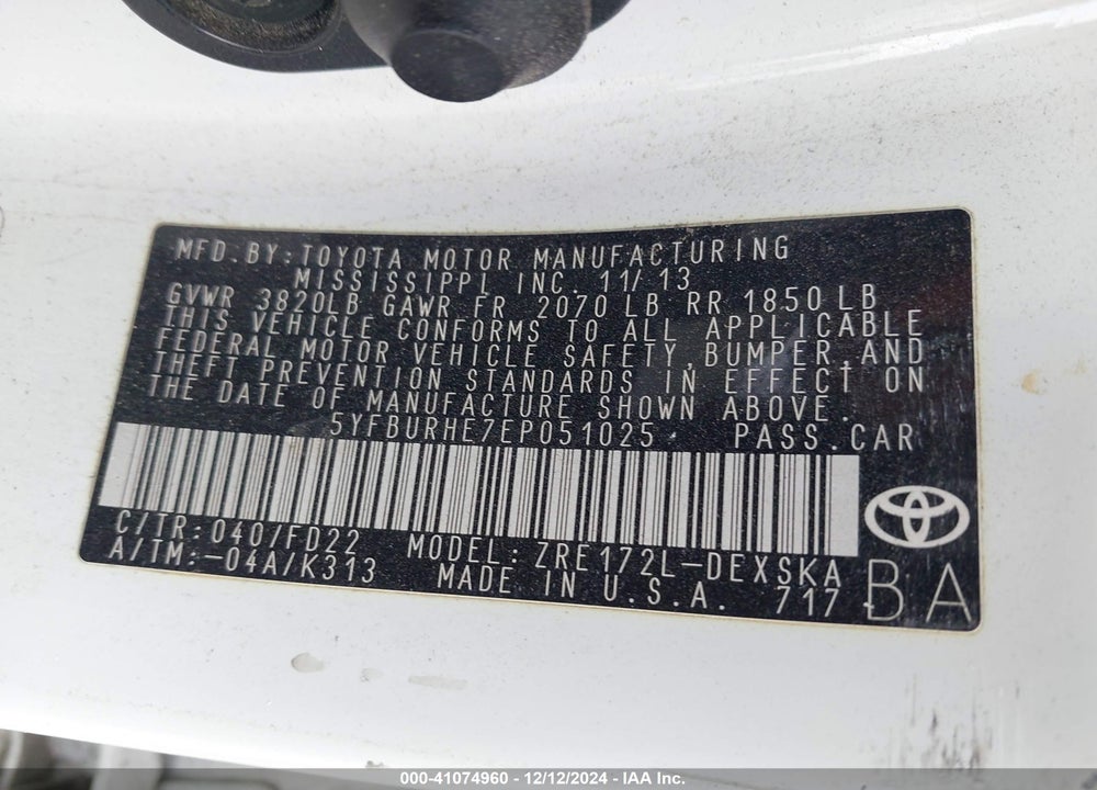 2014 TOYOTA COROLLA L/LE/LE PLS/PRM/S/S PLS VIN: 5YFBURHE7EP051025